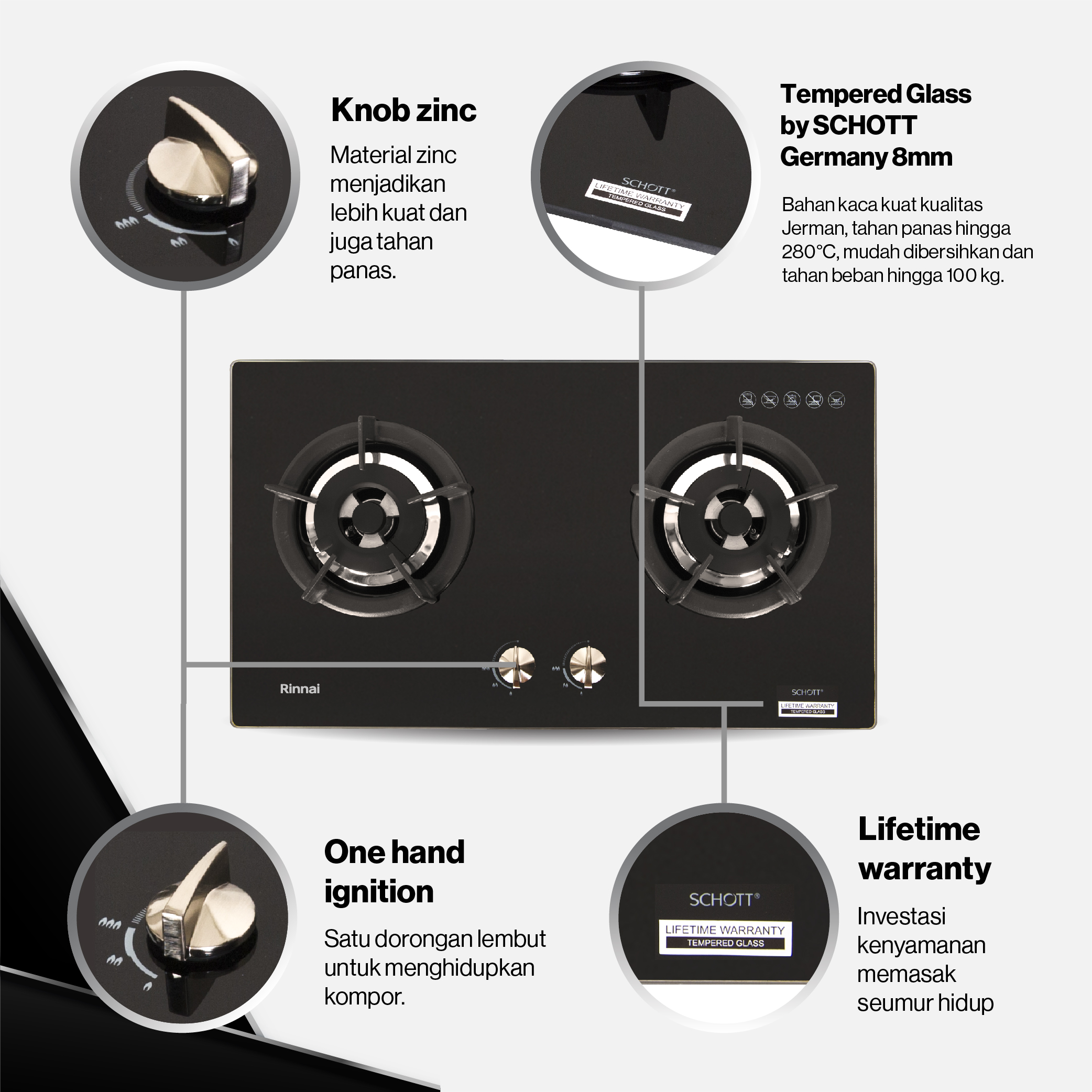 Rinnai Kompor Tanam 2 Tungku Grande - RB2GH BK
